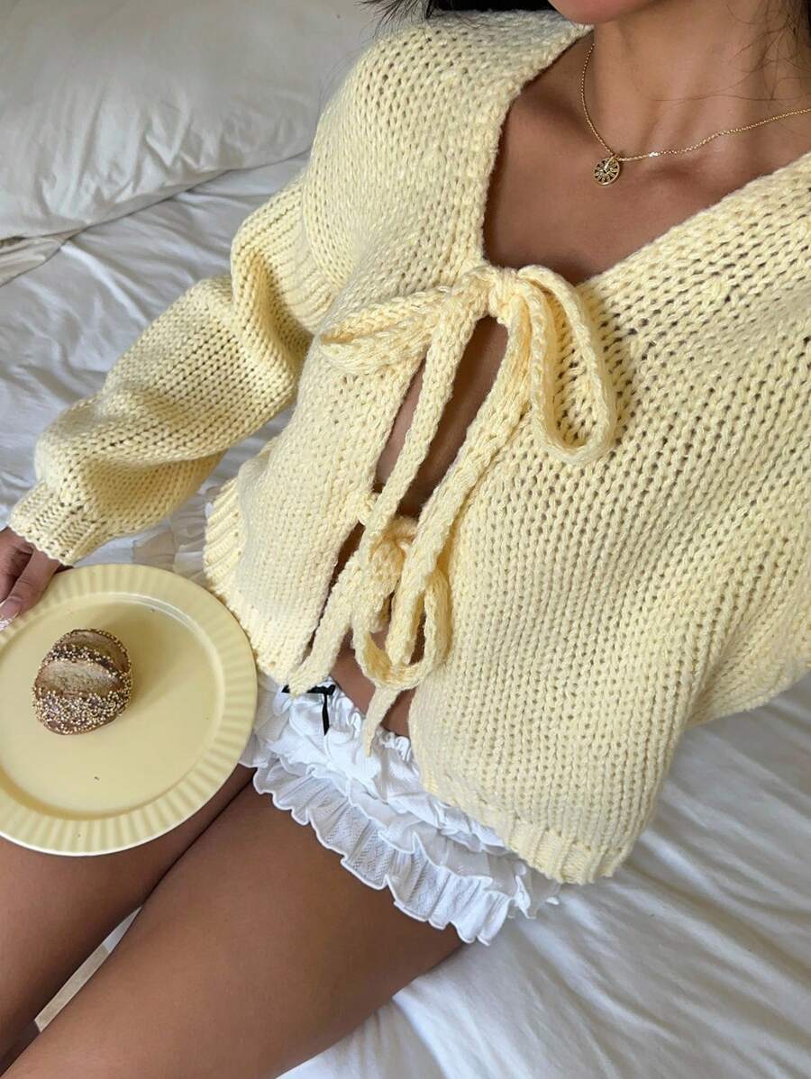 SHEIN EZwear Áo khoác cardigan buộc dây màu vàng bơ trơn thường ngày dành cho nữ, đa năng trong mùa thu/đông - Màu be - Xem 1