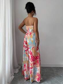 Elenzga Women's Elegant Romantic Printed Jumpsuit With Bandeau Top, Waist Cinched And Wide Leg