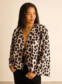 SHEIN VCAY Große Größen Damen Leopardenmuster Twist Front Langarm Casual Bluse Leopardenmuster Herbstkleidung Sexy Vintage Boho Langarmshirts Damen