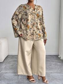 SHEIN PETITE CURVE Ensemble chemise et pantalon à imprimé floral grande taille, tenue décontractée de vacances - Nude - Voir 4