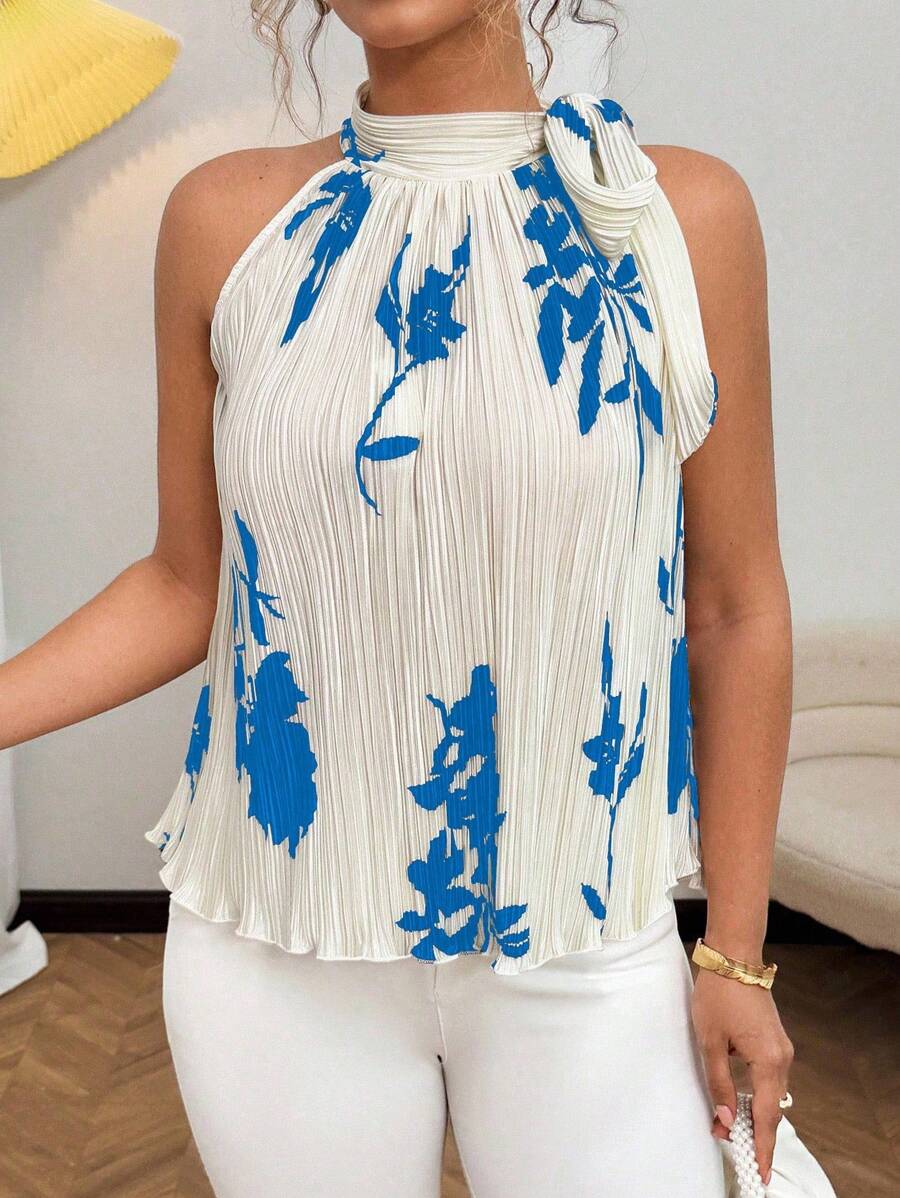 Flirla 新款蝴蝶结细肩带无袖印花褶裥衬衫 - 彩色 - 查看 1