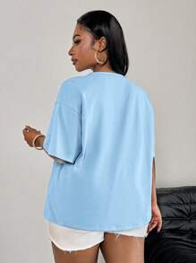 SHEIN PETITE CURVE 加大码海滩度假休闲蓝色雏菊刺绣短袖T恤夏季春季上衣夏季适合身材较矮的人