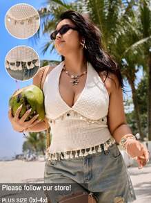 SHEIN EZwear Plus Size Mesh Shell Fringe Spaghetti Strap Casual Boho Style Top For Summer - Apricot - View 1