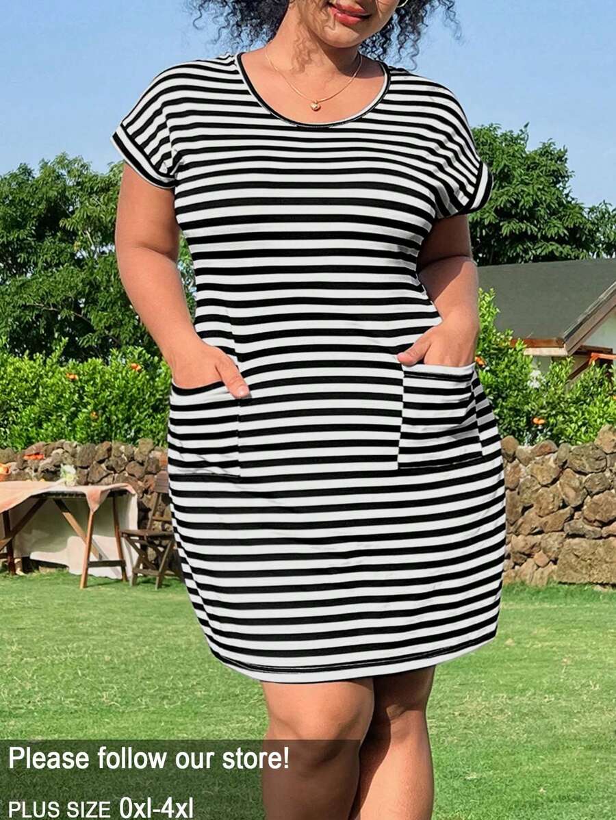 SHEIN EZwear Đầm ngắn thường ngày cổ tròn tay cánh dơi cỡ lớn cho nữ, mùa hè, túi kẻ sọc - Đen và trắng - Xem 1