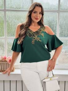 SHEIN Clasi بلوزة أنيقة من القطع الكبيرة مطرزة بياقة على شكل حرف V وتصميم منفذ مثير للصيف، بأكمام قصيرة - أخضر - مشاهدة 8