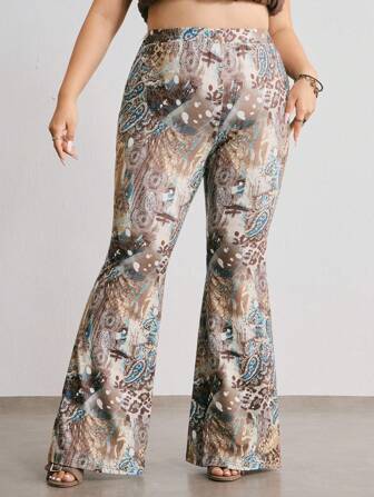 Hippie Pantalones de pierna ancha de cintura alta con estampado floral tropical para mujeres de talla grande, adecuados para la primavera y el otoño