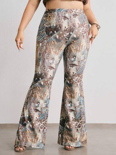 Hippie Plus Size Women's High Waist Wide Leg Pants With Tropical Floral Print, Suitable For Spring And Autumn