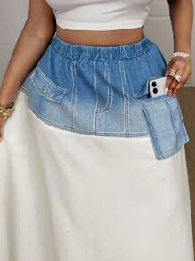 Maweii Plus Size Women Stitching 2 In 1 Skirt, Pocket Decoration, Commuting Daily Wear - Blue and White - View 3