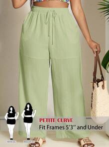 SHEIN PETITE CURVE 女士加大码纯色时尚长裤，适合夏季、海滩度假，也适合身材娇小的人士。 - 薄荷綠 - 查看 1