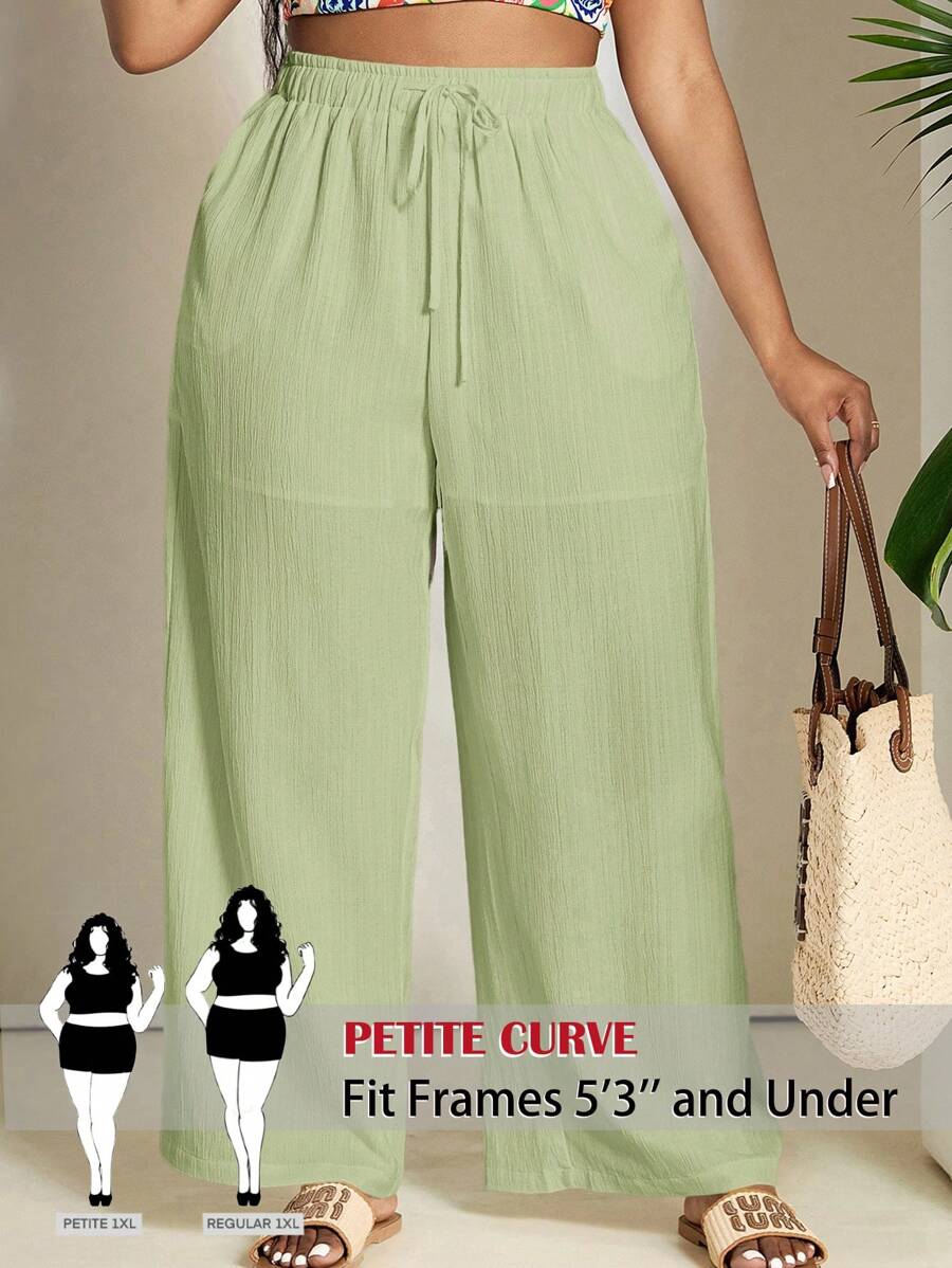 SHEIN PETITE CURVE 女士加大码纯色时尚长裤,适合夏季、海滩度假,也适合身材娇小的人士。 - 薄荷綠 - 查看 1