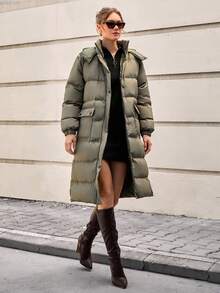 CLARA VERO 羽绒冬季大衣，街头风格夹克，实用口袋外套，按扣，冬季时尚，都市保暖层，舒适必备 - 綠色 - 查看 1