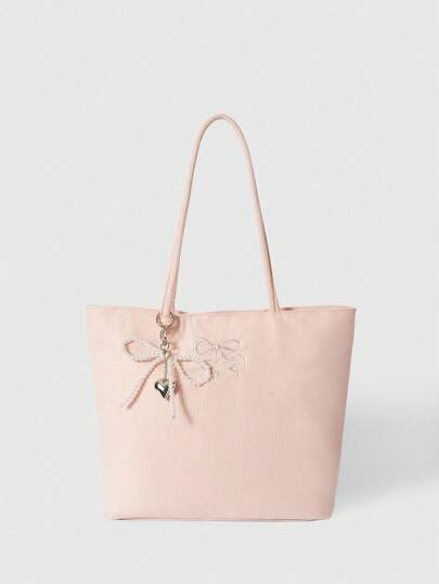 Kawaii Butterfly Embroidery Pattern: 842255 Large Capacity Shoulder Tote Bag, Fashion Versatile Shopping Bag Suitable For Commuting, Business Trip, Travel