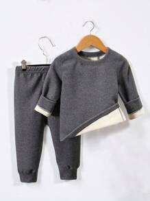 Baby Boys Casual Thermal Lined Long Sleeve Round Neck T-Shirt & Elastic Waist Pants 2 Pieces Set, Suitable For Spring, Autumn And Winter, For Home, Outdoor And School Wear