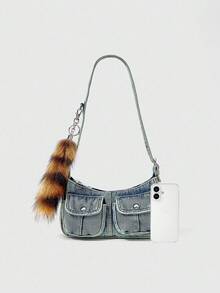 ROMWE Grunge Punk 1pc Double Pocket Shoulder Bag With Faux Fur Tail Charm, Fashionable Personalized Vacation Style Women Handbag (Includes 1 Bag And 1 Set Of Accessories)