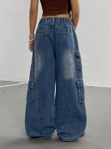 女童街头时尚休闲百搭工装不对称多口袋灰色水洗复古机车宽松直筒牛仔裤，不含 T 恤和配饰 - 藍色 - 查看 2