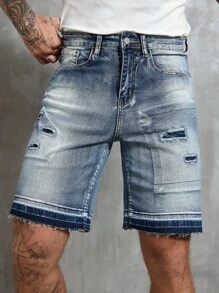 RivetRise Pantalones cortos de mezclilla de verano informales y desgastados con borde crudo para hombres