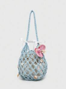 ROMWE Kawaii 女士复古蝴蝶结刺绣英文标语蝴蝶结托特包，大容量适合购物和上学 - 藍色 - 查看 1