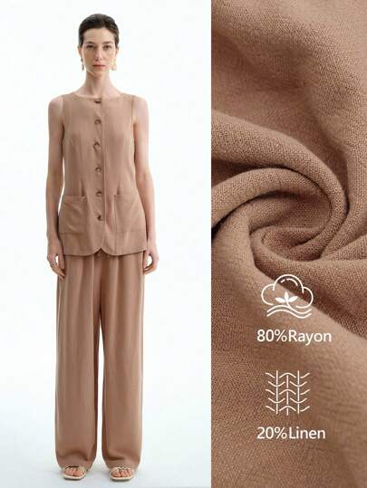 Aalyst 女装夏季时尚休闲简约纯色拼布口袋单排扣背心和宽松直筒裤两件套