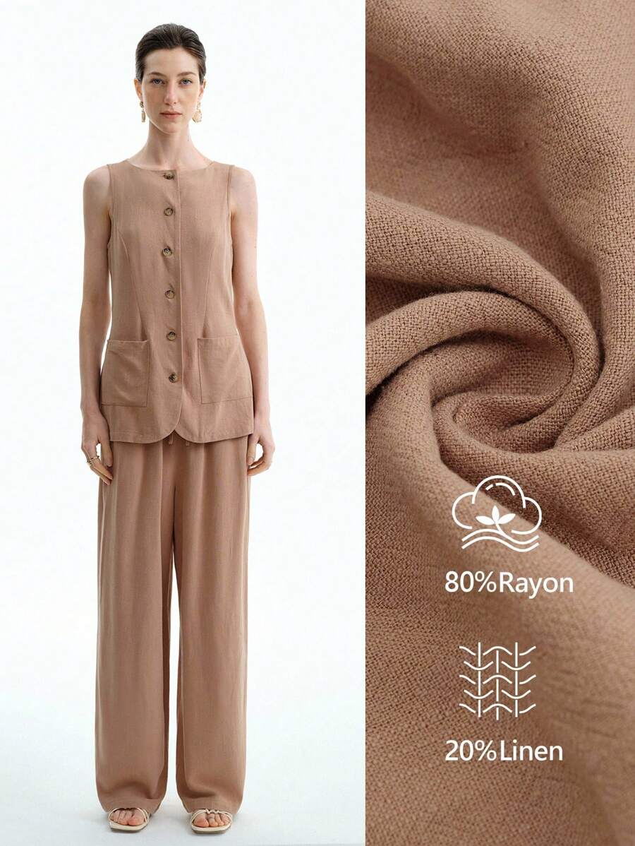 Aalyst Women's Summer Fashion Casual Minimalist Solid Color Patchwork Pocket Single-Breasted Vest And Loose Straight Leg Pants 2 Pieces Set - Brown - View 1