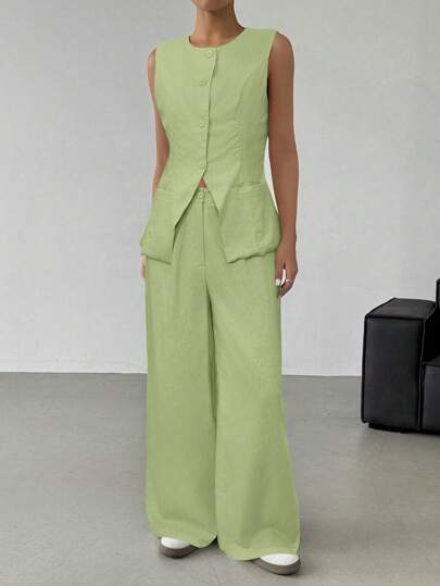 SHEIN EZwear Women's Spring/Summer Lime Green Linen Casual Vest And Wide-Leg Pants 2 Pieces Set In Fall/Winter