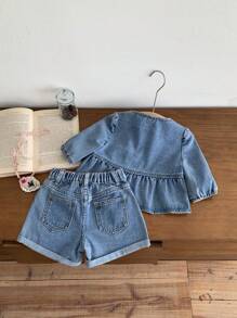 Young Girls Denim Two Pieces Outfits - Medium Wash - View 2