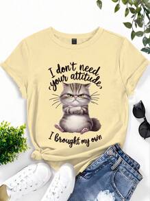 INAWLY Maglietta aderente a maniche corte da donna casual, con grafica di gatto e slogan, scollo tondo, versatile per l'estate