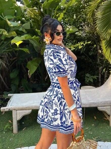 SHEIN SXY 度假休闲波西米亚热带印花 A 字迷你连衣裙 - 藍色 - 查看 2