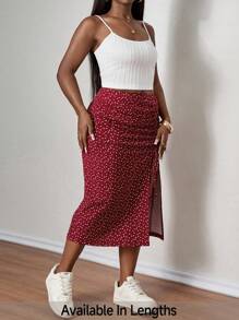 SHEIN PETITE CURVE Plus Size Women 2pcs Set - Solid Color Cami Top And Polka Dot Print Drawstring Hem SkirtSummer Outfits For Women Two Piece Skirt Set Summer Skirt Set, Summer Outfits For Women, Suitable For People Of Shorter Stature