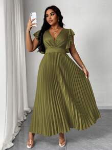Maweii Plus Size Solid Color V-Neck Ruffle Sleeve Pleated Dress - Army Green - View 1