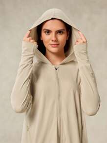 OutZeal 防紫外线 UPF50+ 吸汗排汗高低下摆连帽防晒夹克 - 卡其色 - 查看 11