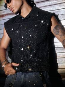 AXEPEAK 男士夏季时尚水钻装饰无袖牛仔上衣 - 黑色 - 查看 7