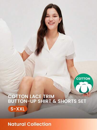 LUVLETTE Women Breathable 100% Pure Cotton White Lace Elegance Trim Bridal Intimates Short-Sleeve Button-Up Top & Shorts Airy Loungewear Pajama Set Romantic Living Cozy At Home Bridal Intimates Boxer Set