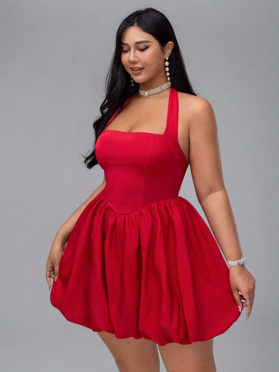 Flirla Đầm ngắn dự tiệc bồng bềnh hở lưng cỡ lớn cho nữ - Đỏ - Xem 1