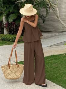 Livesso Set de 2 piezas formado por un top tipo camiseta de unicolor y pantalones de pierna ancha para mujer