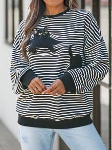 EMERY ROSE 大码女式休闲可爱抽象黑白线条猫咪印花卫衣，百搭初秋返校季