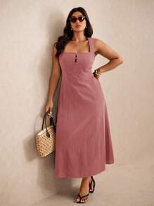 Elaquor Đầm mùa hè không tay cổ vuông màu trơn cỡ lớn đa năng dây rộng - Bụi hồng - Xem 4