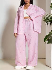 SHEIN PETITE CURVE Plus Size Women Striped Bow Print Long Sleeve Top And Pants 2 Pieces Set Old Money Outfits Two Piece Outfits For People Of Shorter Stature - Pink - View 4