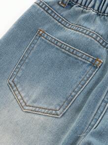 大码男童复古休闲牛仔裤，星星印花，中腰宽松水洗牛仔直筒裤，适合男孩的百搭款式 - 中等水洗藍 - 查看 4