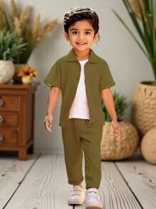 SHEIN 2pcs Toddler Boy Solid Color Short Sleeve Single-Breasted Shirt & Pants Casual Outfit Set - Army Green - View 1