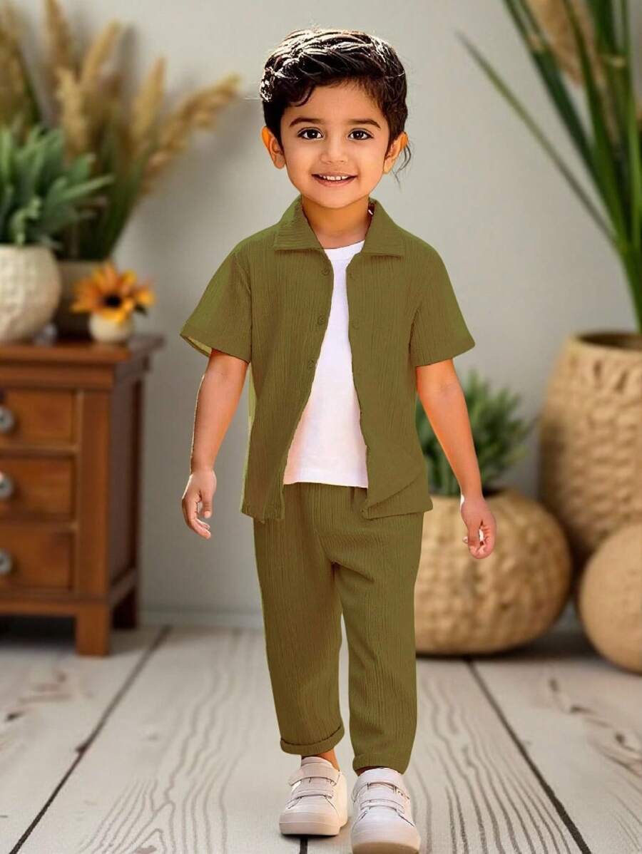 SHEIN 2pcs Toddler Boy Solid Color Short Sleeve Single-Breasted Shirt & Pants Casual Outfit Set - Army Green - View 1