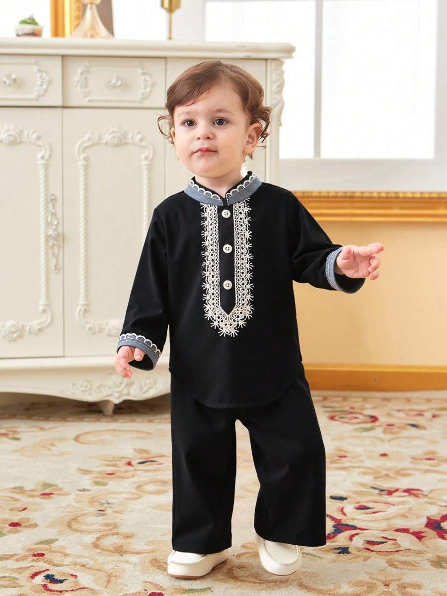 Baby Boy Patchwork Lace Button Detail Long Sleeve Top And Pants - Black - View 1