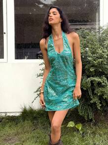 Rafferiza Robe mini moulante avec cravate au cou décorée de paillettes pour femme