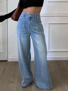 Livesso Women's Casual High Waist Wide Leg Washed Denim Jeans