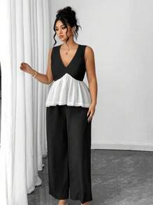 SHEIN Elenzya Bộ 2 món cho nữ cỡ lớn: Áo cánh không tay màu tương phản và quần ống rộng rộng rãi - Nhiều màu - Xem 5