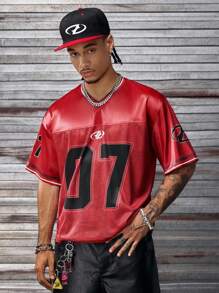 AXEPEAK V领短袖数码印花宽松男士T恤，街头风格 - 紅色 - 查看 5