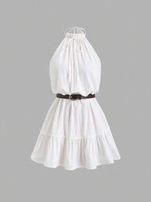 Sweetra White Casual Sleeveless Ruffle Trim Dress For Women, Summer,Ack To School Clothes - White - View 1