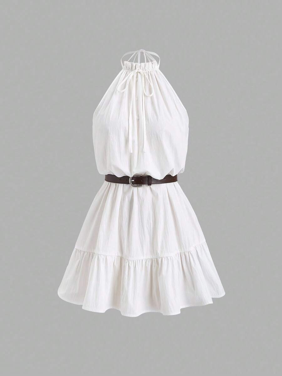 Sweetra White Casual Sleeveless Ruffle Trim Dress For Women, Summer,Ack To School Clothes - White - View 1