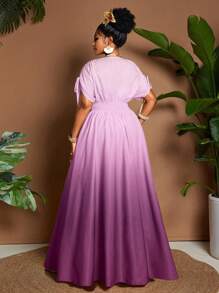 大码女式优雅渐变色印花系带蝴蝶结 V 领 A 字型超长连衣裙，配有短袖，百搭设计，适合外出、海滩、音乐节、春夏季 - 彩色 - 查看 2