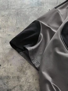 AXEPEAK Áo thun nam cổ đứng tay ngắn rộng rãi phối màu - màu đen - Xem 4