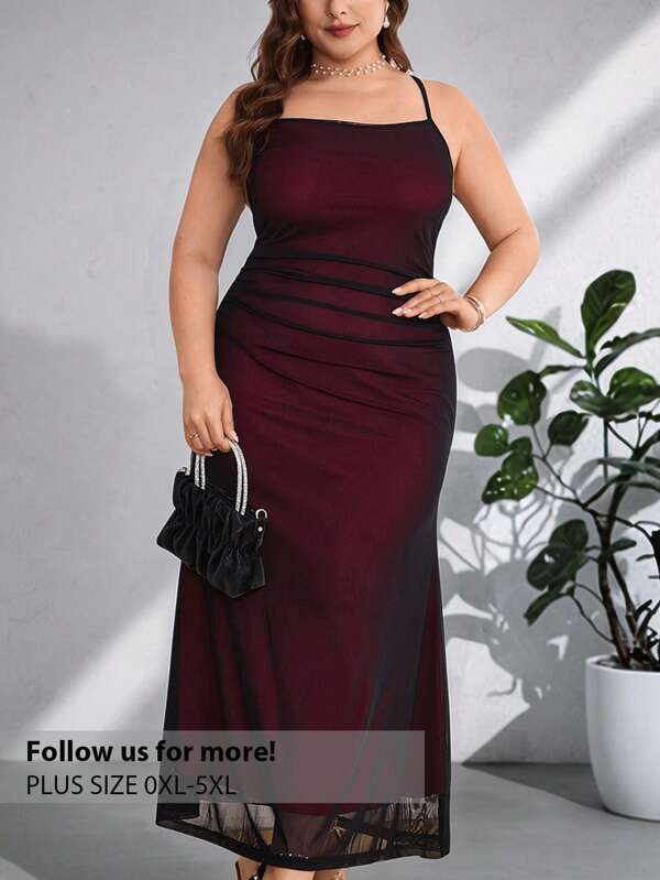 Firerie Plus Size Elegant Sheer Patchwork Ruched Maxi Slip Dress, Abaya Dress, Pastel Dress, Dress, Off-Shoulder Dress